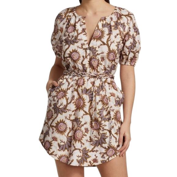 ALC Adelaide Sunflower Puff Sleeve Cotton T-Shirt Dress Cream Brown Size 6 - Picture 1 of 8